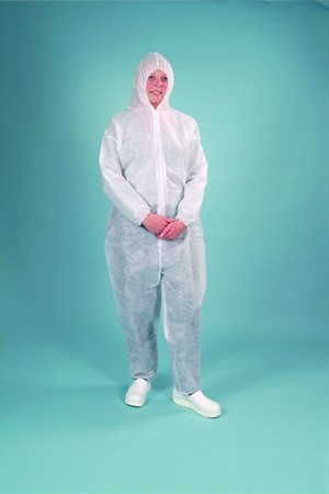 Coverall with hood Polypropylene, white, 50 gr/m², S - 2XL, latex free